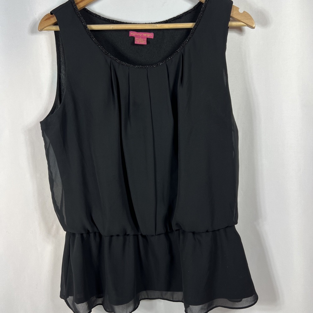 Sunny Leight Black Sheer Pleated Sleeveless Comfy Blouse OfficeSize Large